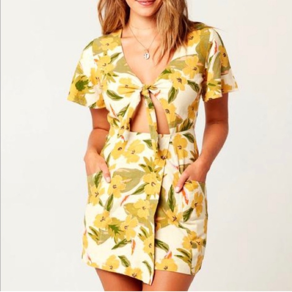 l*space Yellow Floral Tie-Front Mini Dress
